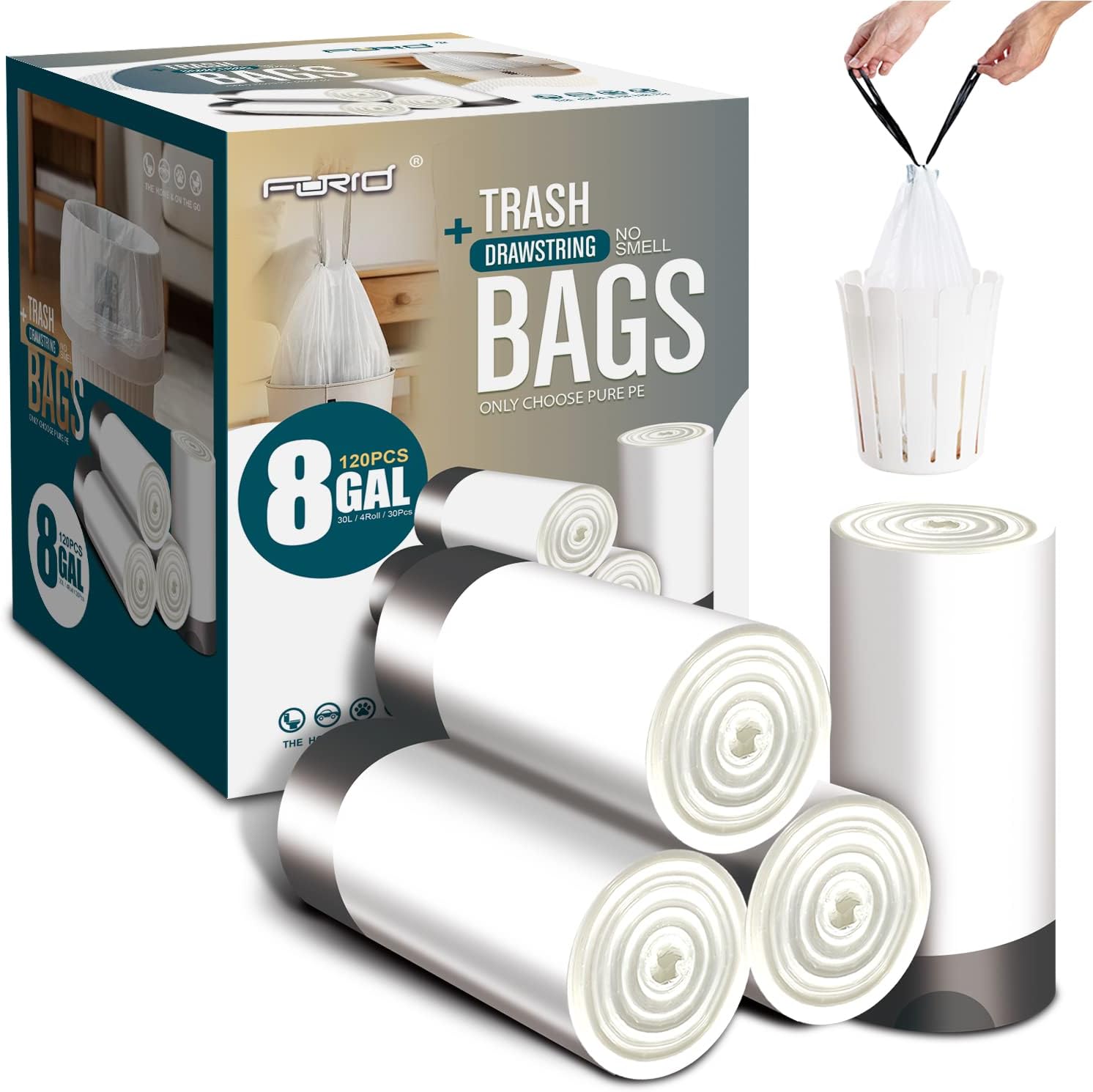 FORID Medium Drawstring Trash Bags - Plastic Garbage Bags 8 Gallon (30 Liter) White Disposable Can