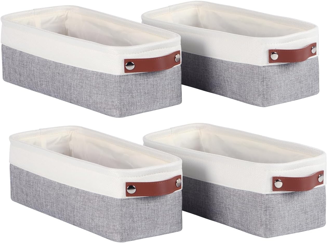Univivi 4PC Small Fabric Storage Bins,15x6x5 inch Long Narrow Storage Baskets with PU Handles for