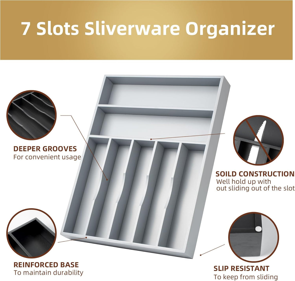 Silverware Organizer 13 Inch Gray Bamboo Kitchen Drawer Organizer 7 Slots Utensil Organizer
