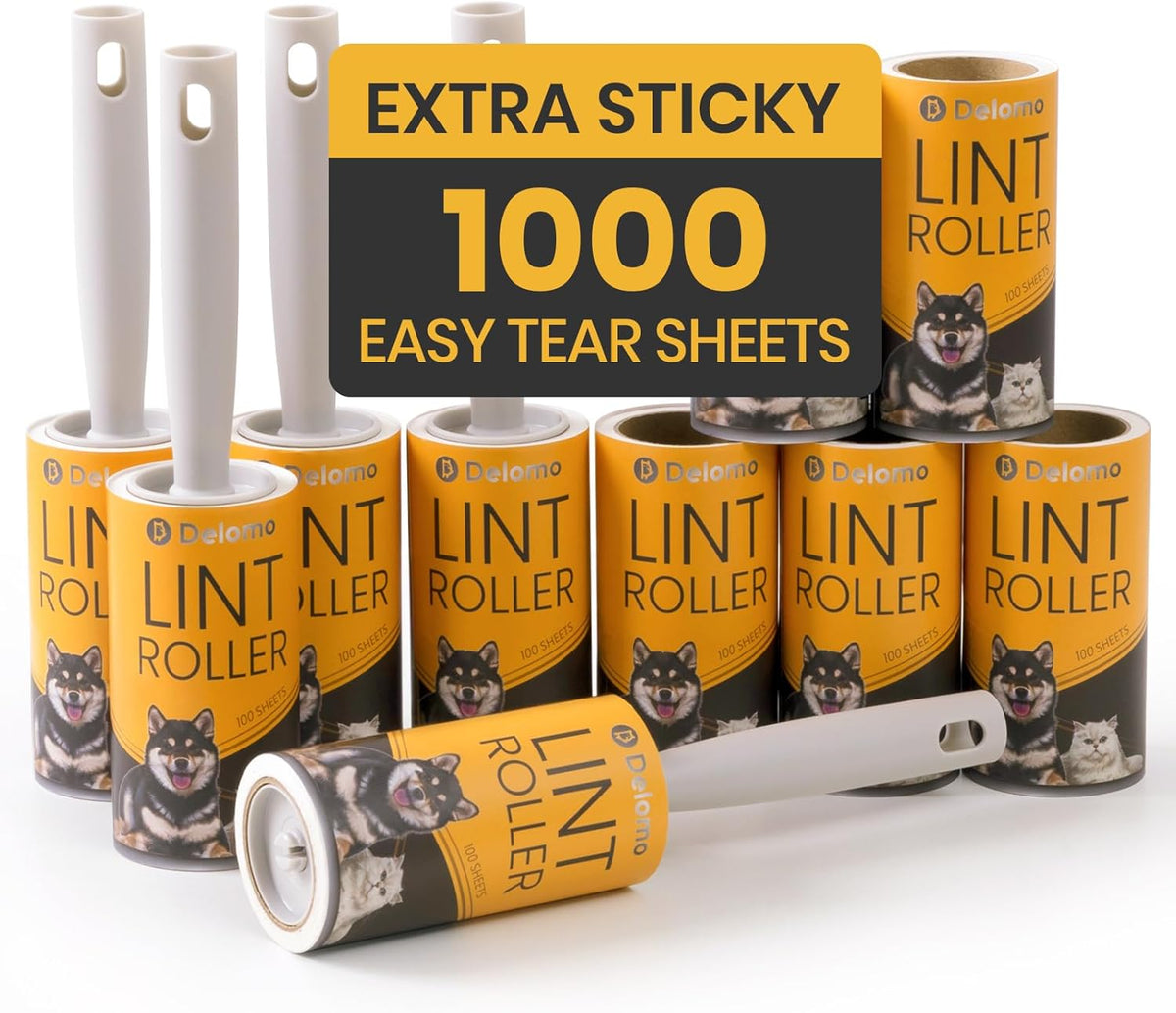 DELOMO Lint Roller 1,000 Sheets (5 Rollers + 5 Refills) - Lint Rollers for Pet Hair Extra Sticky