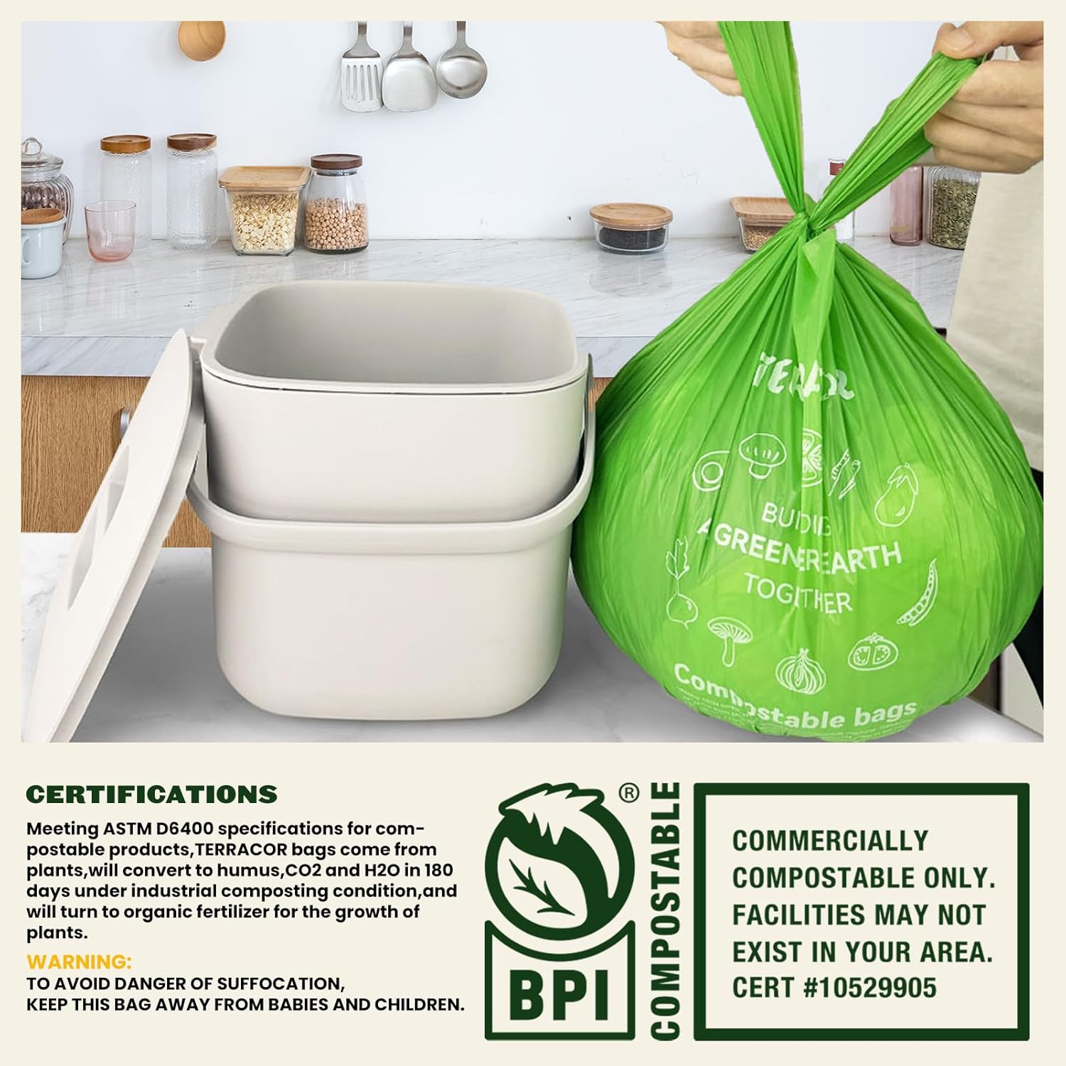 Compost Bags, Handle Tie Food Scrap Bags 3 Gallon,100 Count,Certified by BPI and ASTM D6400