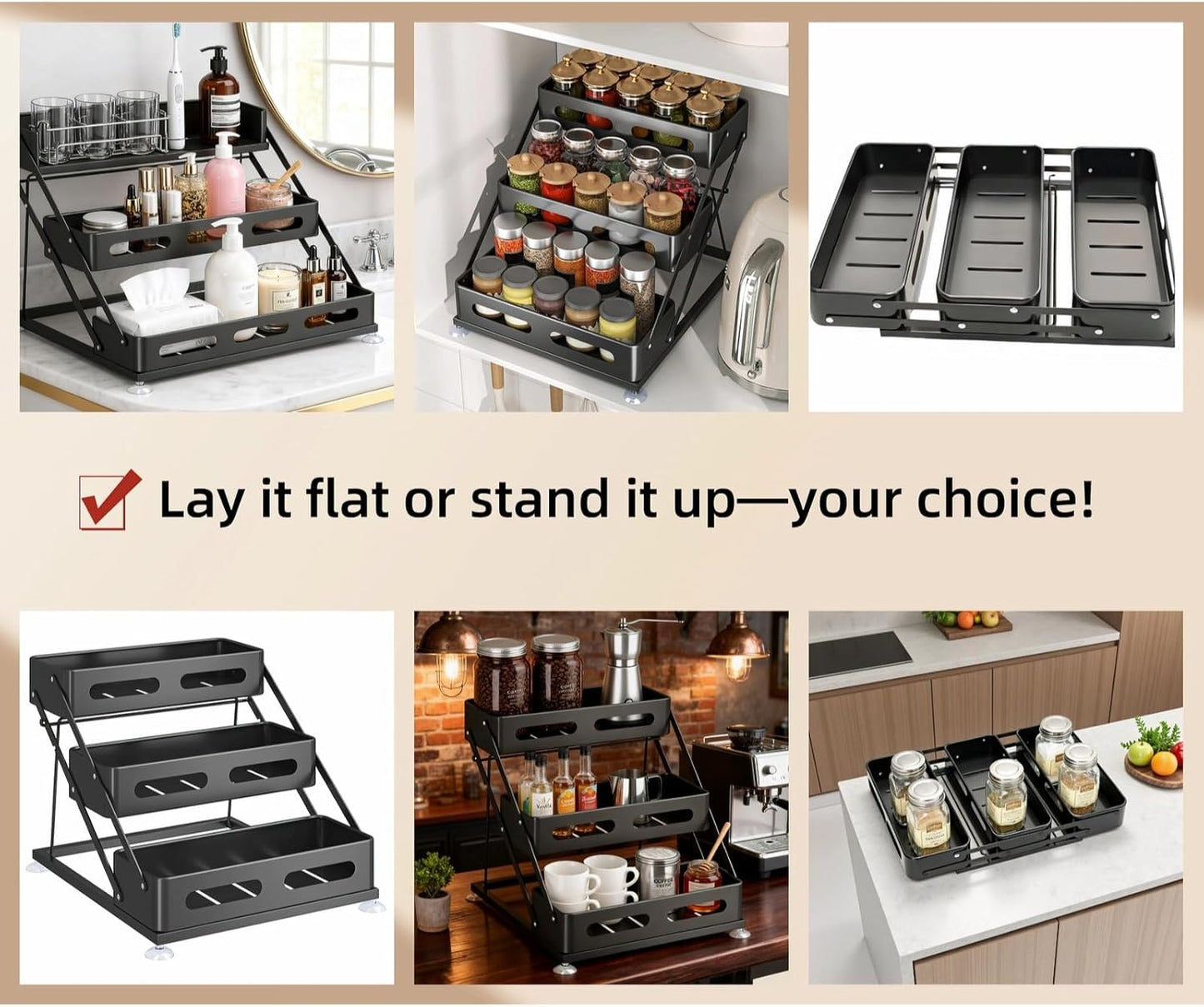 Bokelai Spice Rack 3 Tier Foldable Seasoning Organizer Jars Storage Holder Step Shelf for Cabinet