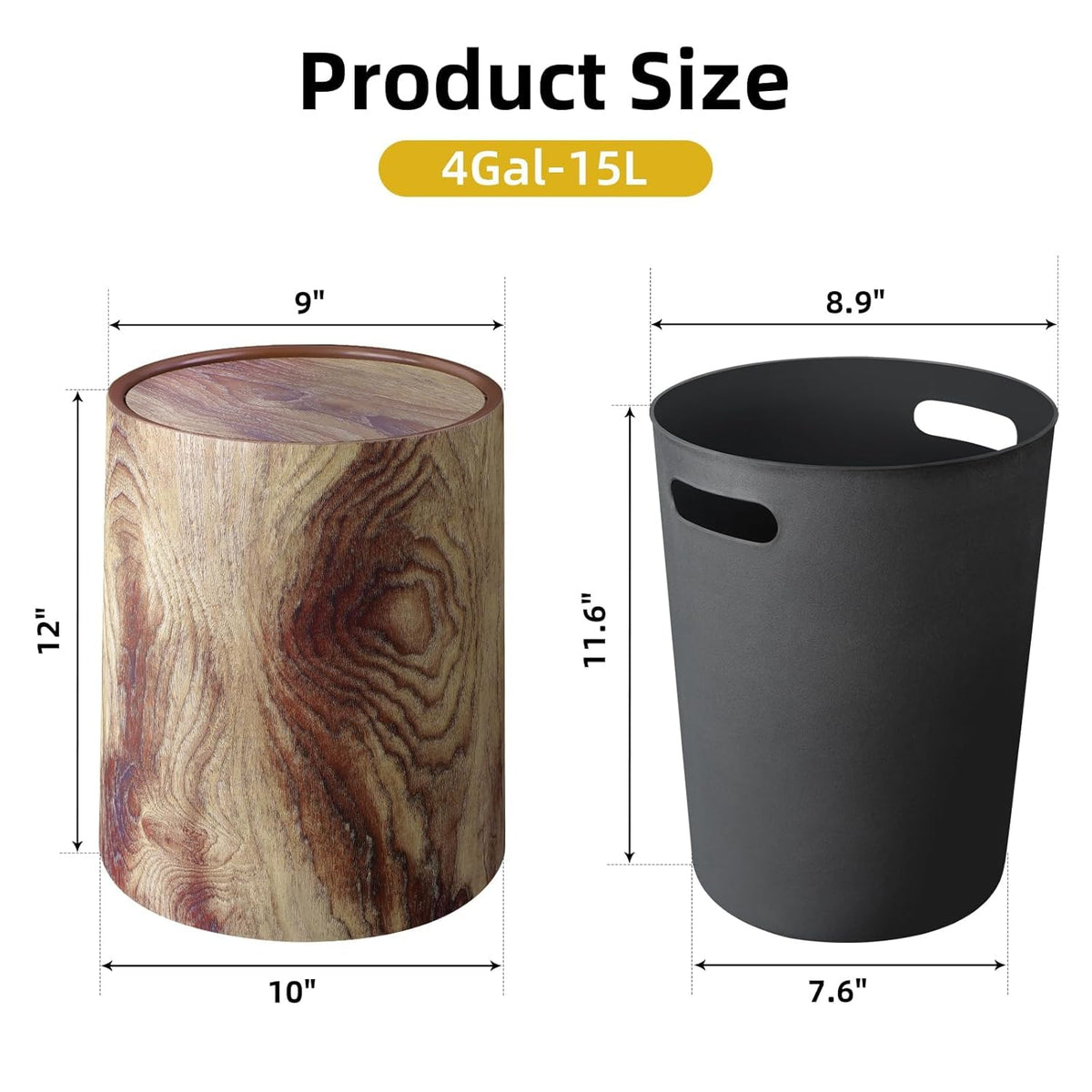 Wood Grain Plastic Trash Can Swing Top Lid, 4Gal/15L Farmhouse Wastebasket Bin Retro Style with