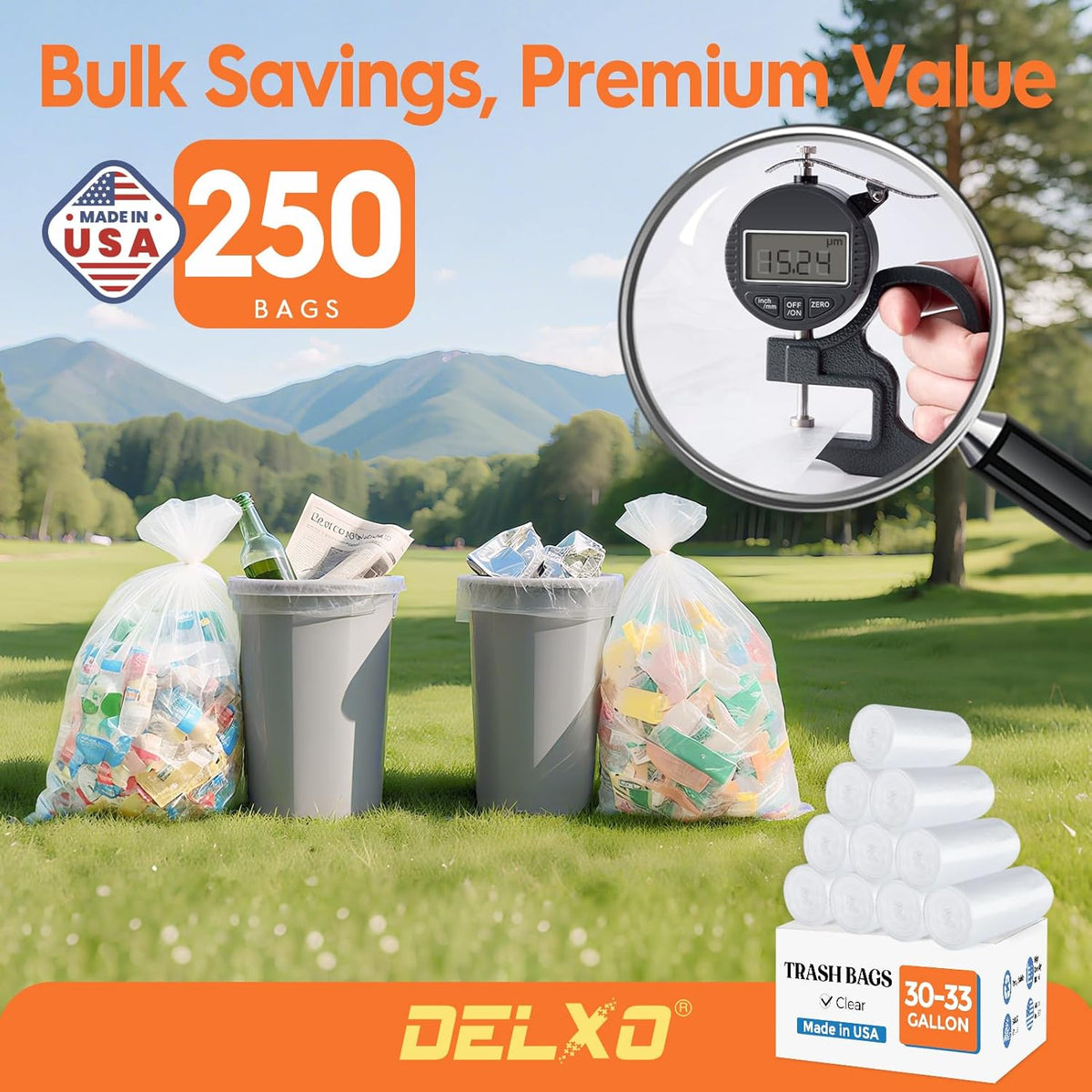 DELXO 30-33 Gallon Trash Bags, 250 Count Heavy Duty Large Clear Garbage Bags, Thick Durable and
