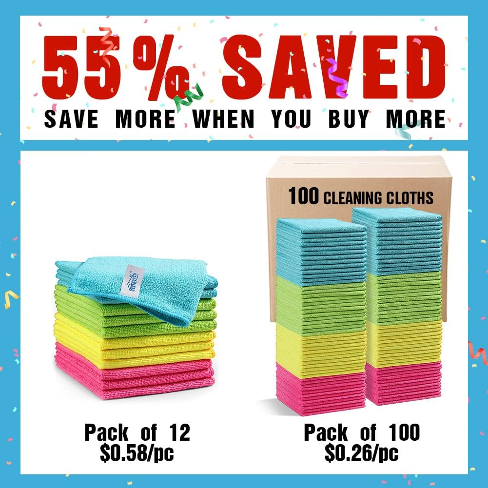 HOMEXCEL Microfiber Cleaning Cloth,100 Pack Cleaning Rags, Cleaning Towels with 4 Color Assorted