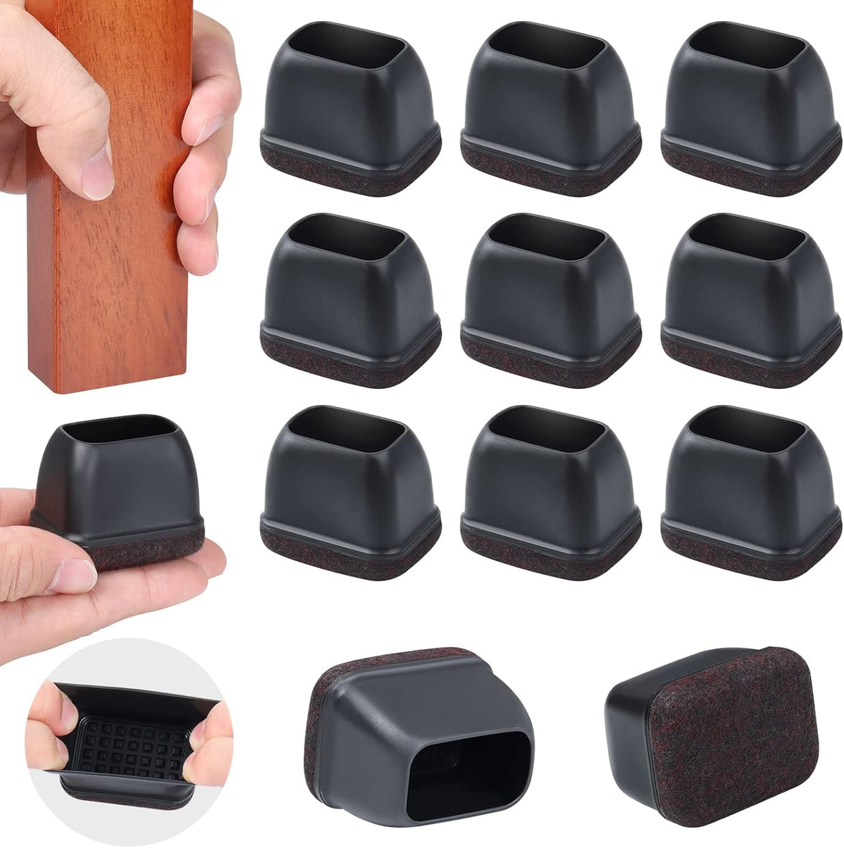 Ezprotekt 16 Pcs Rectangle Silicone Chair Leg Floor Protectors, Felt Rectangle Black Furniture Leg