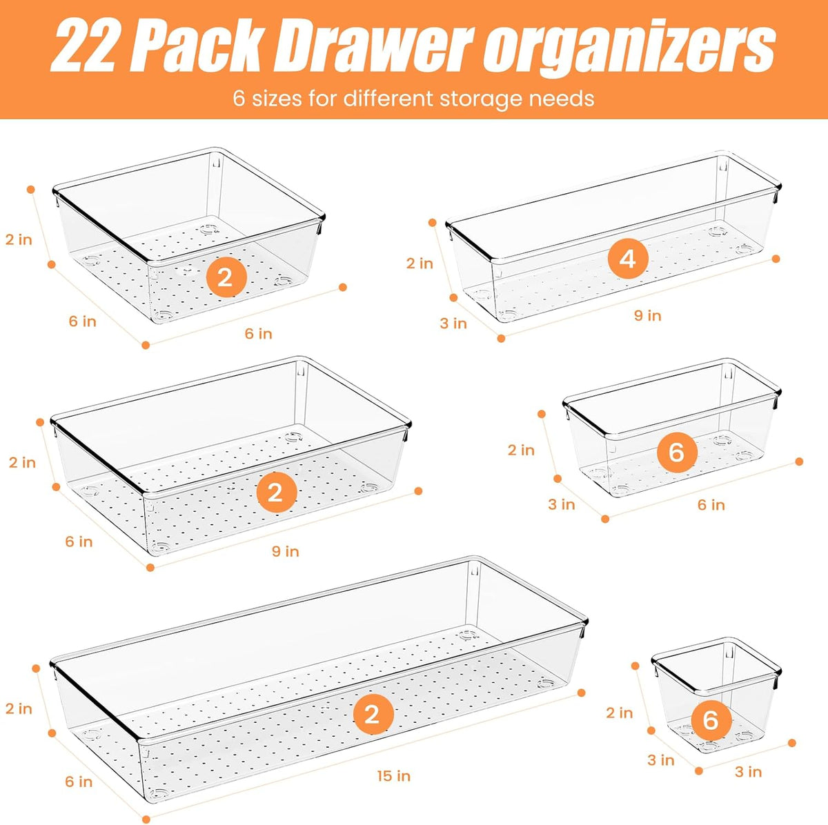 Criusia 22 Pcs Drawer Organizer Bins, Acrylic Non Slip Kitchen Drawer Organizers Storage Tray