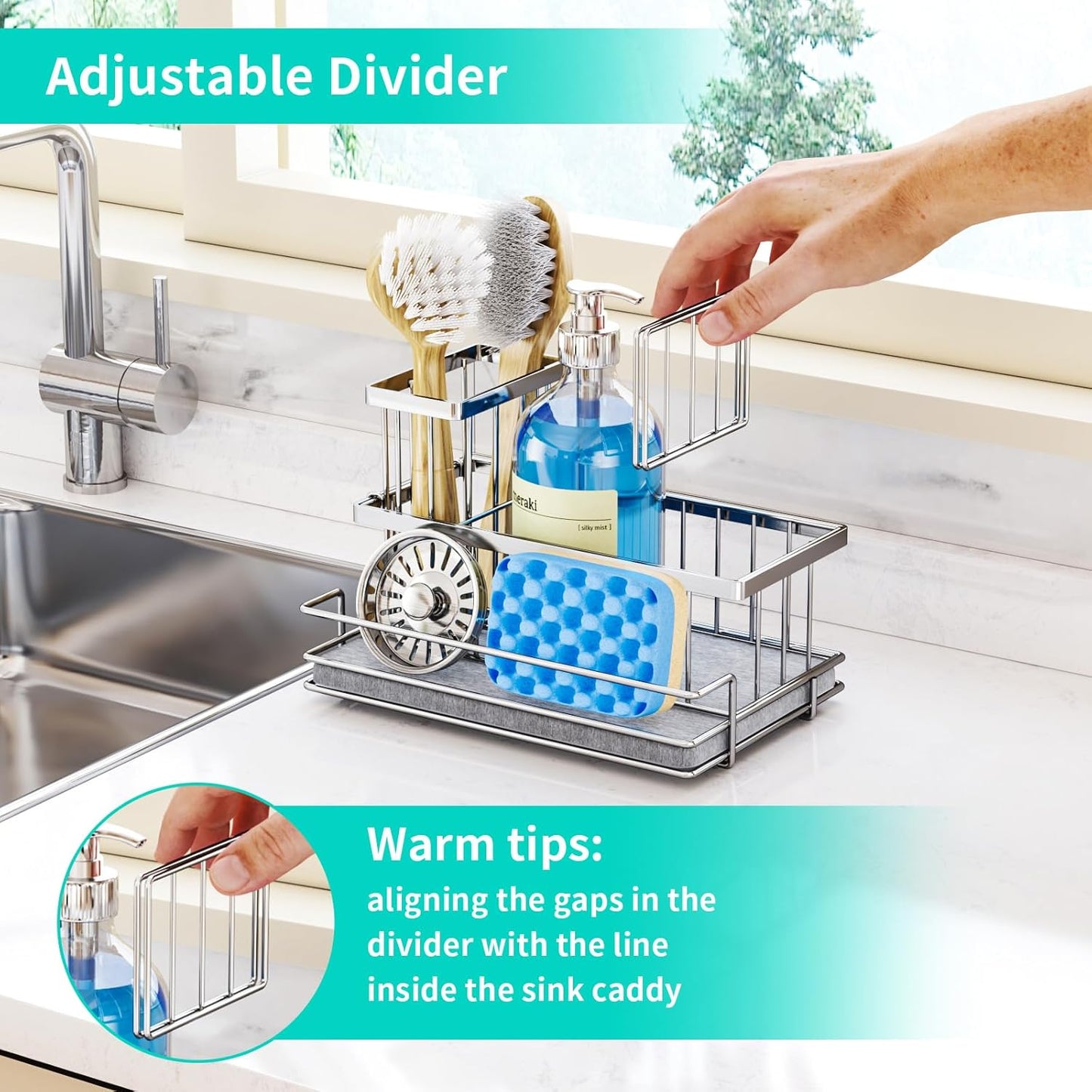 HapiRm Sink Caddy Sponge Holder - Kitchen Sink Organizer with Instant Drying Stone and Brush