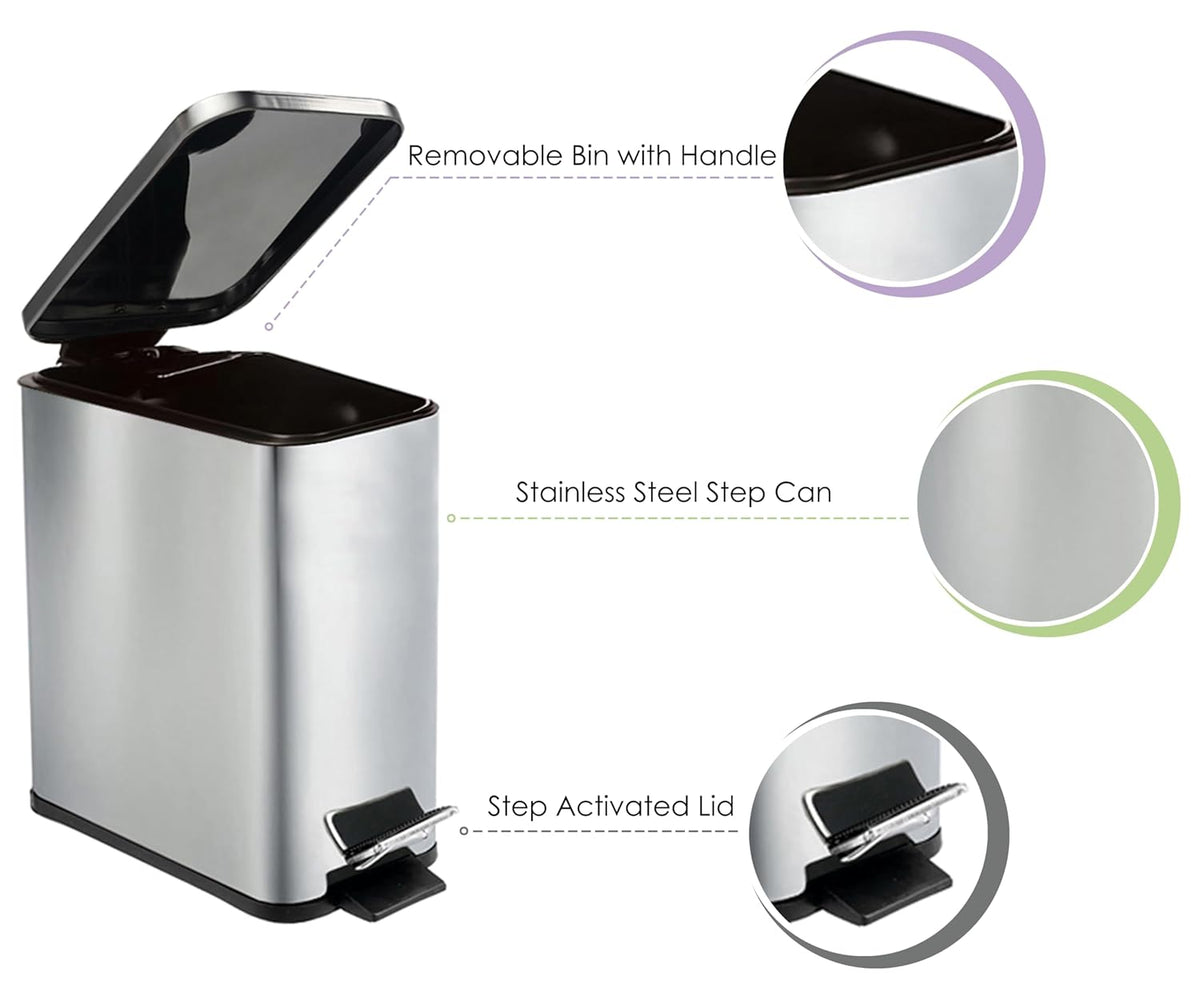 Stainless Steel Small Trash Can with Lid & Step Pedal - 6 Liters/1.6 Gallon Soft Close Garbage Can
