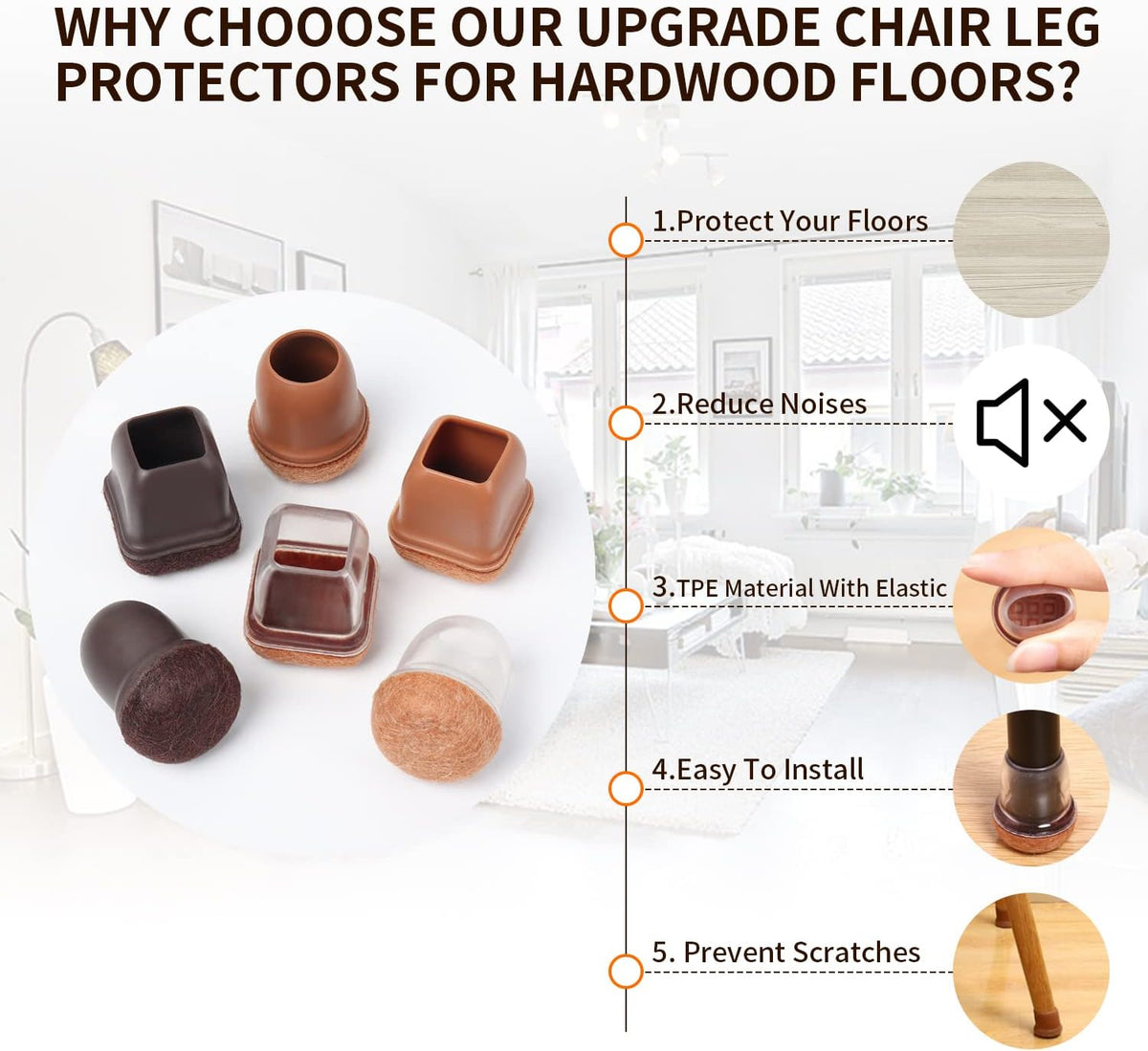 Ezprotekt 24 Pcs Small Clear Square Chair Leg Floor Protectors for Hardwood Floors, Silicone Felt