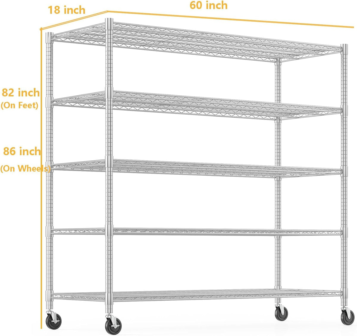 Himimi Storage Shelves with Wheels, 5-Tier Heavy Duty Steel Wire Rack Storage Shelving, Adjustable