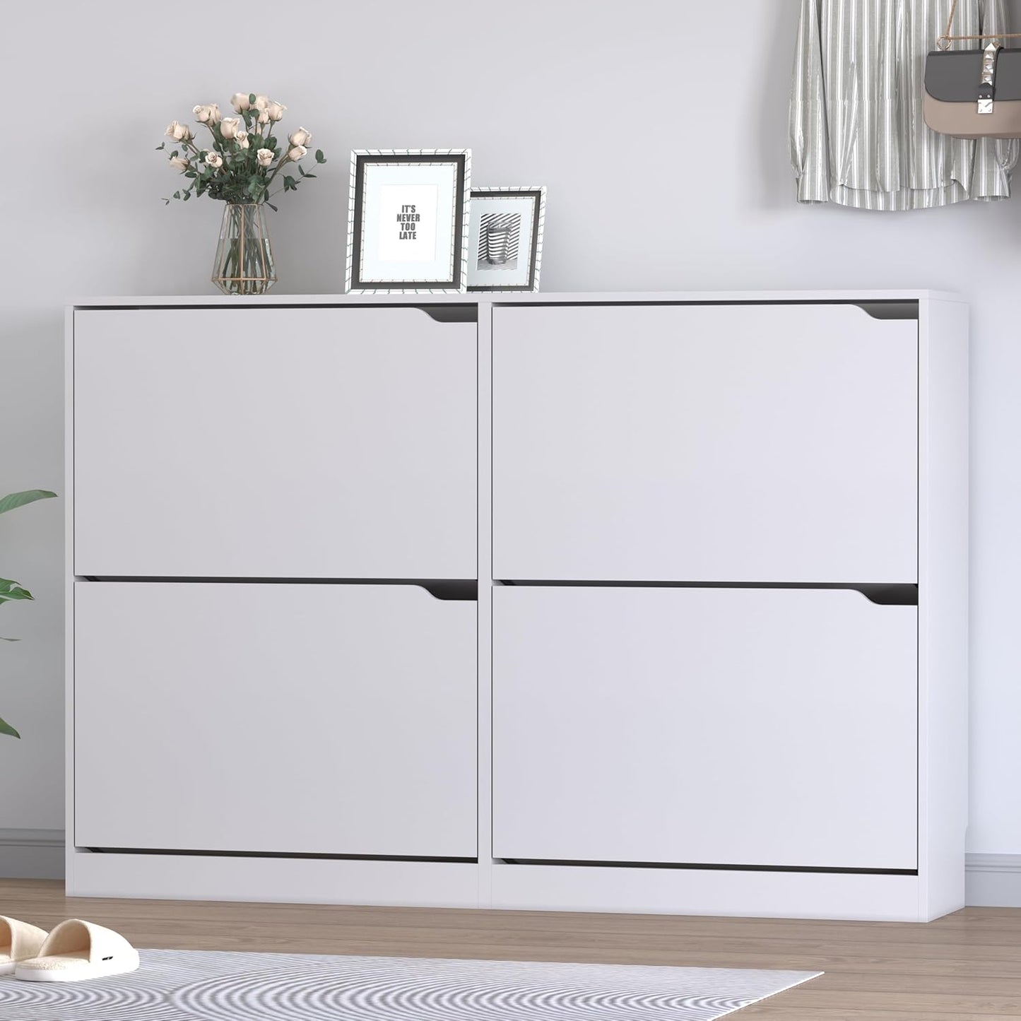 Shoe Cabinet with 4 Flip Drawers, Narrow Hidden Shoe Storage Cabinet, Slim Freestanding Shoe Rack