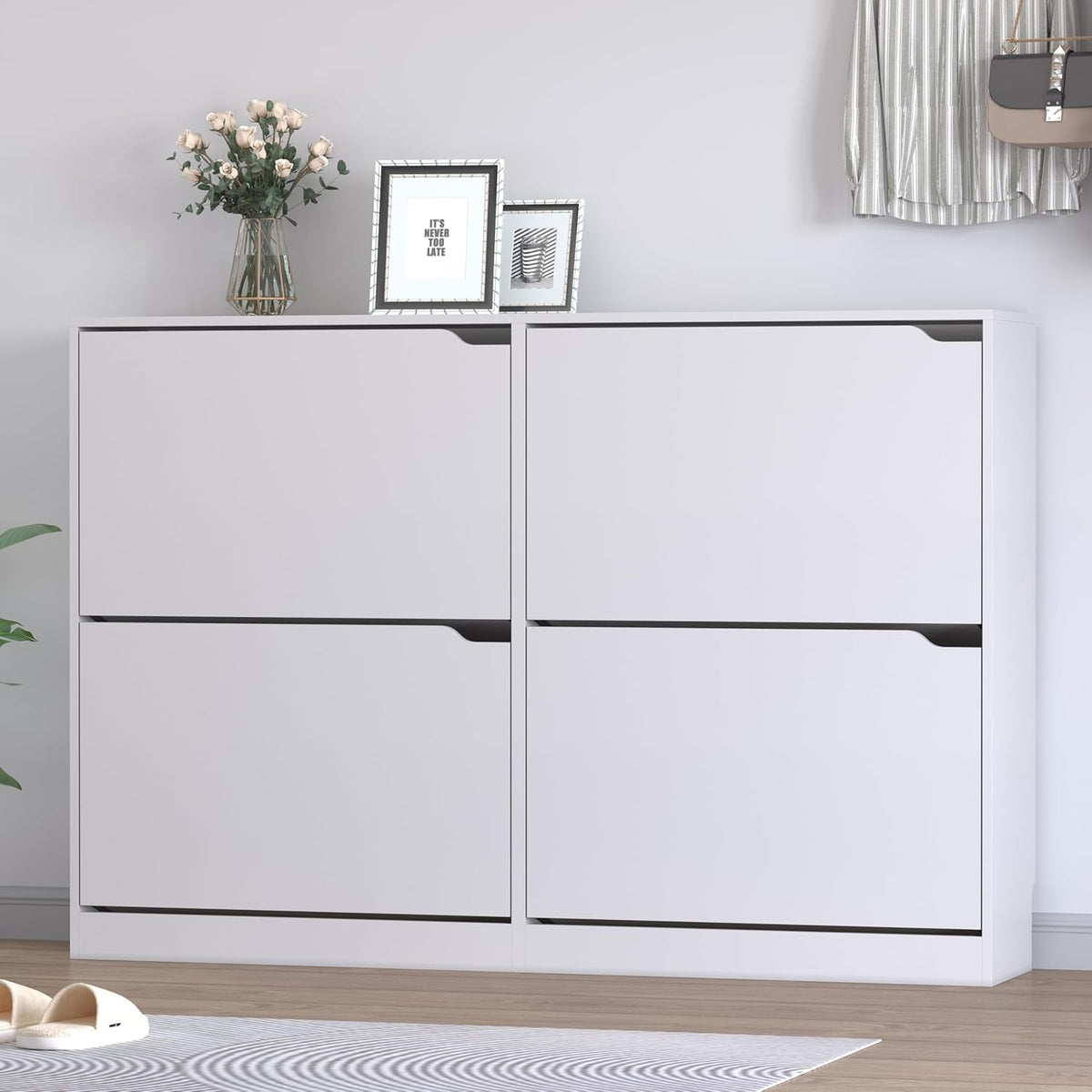 Shoe Cabinet with 4 Flip Drawers, Narrow Hidden Shoe Storage Cabinet, Slim Freestanding Shoe Rack
