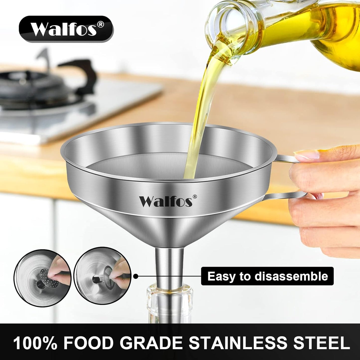 Stainless Steel Funnel, Walfos Kitchen Funnel with 2 Removable Strainer ＆ 1Pc Cleaning Brush