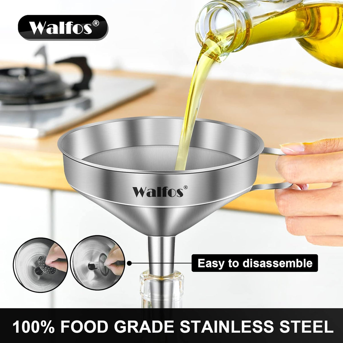 Stainless Steel Funnel, Walfos Kitchen Funnel with 2 Removable Strainer ＆ 1Pc Cleaning Brush