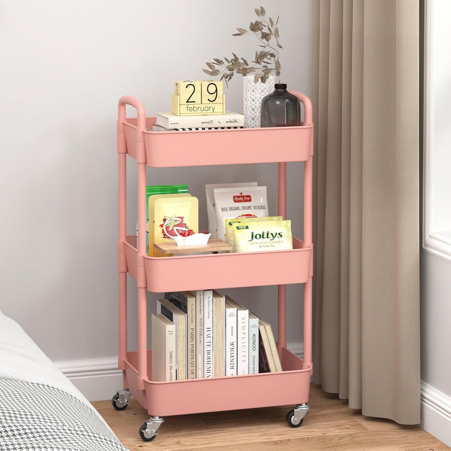 Sywhitta 3-Tier Plastic Rolling Utility Cart with Handle, Multi-Functional Storage Trolley for