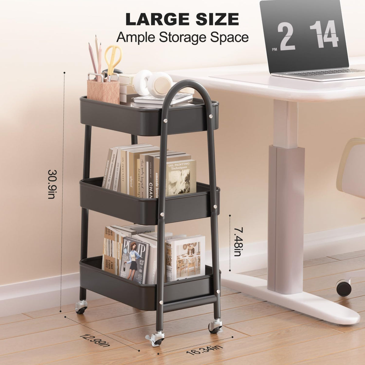 EAGMAK 3 Tier Rolling Cart, Large Metal Storage Cart with Handle and Lockable Wheels, Big