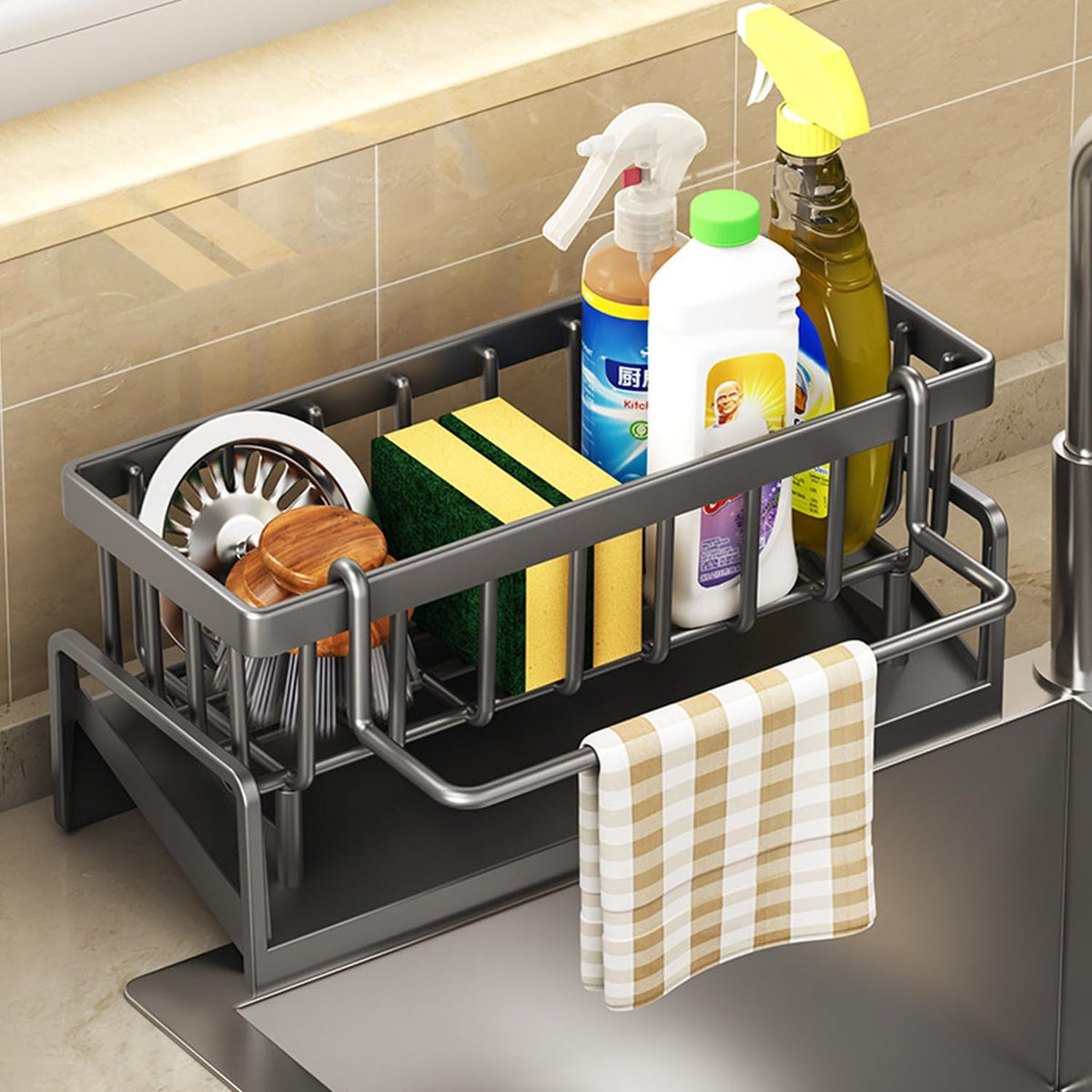 Sponge Holder for Kitchen Sink, Sink Caddy with Dishcloth Rack, Kitchen Sink Storage Rack Organizer