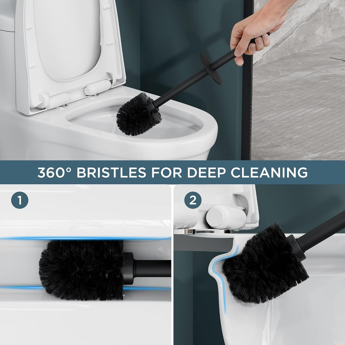 FORIOUS Toilet Brush and Holder Set, Heavy Duty 304 Stainless Steel Base Square and Long Handle for
