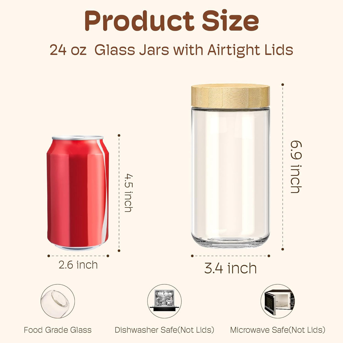 6 pack 24oz Overnight Oats Containers with Bamboo Lids, Glass Jars with Airtight Lids for Meal