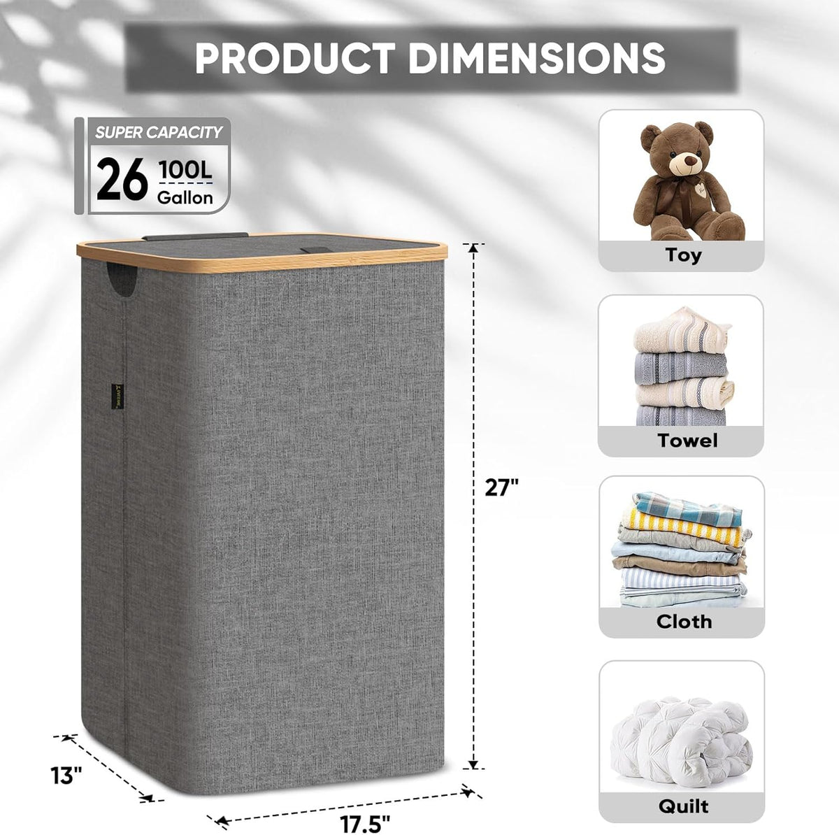 BALEINE Laundry Hamper with Lid, Tall Laundry Baskets with Bamboo Pull Handles, Large Laundry Bin
