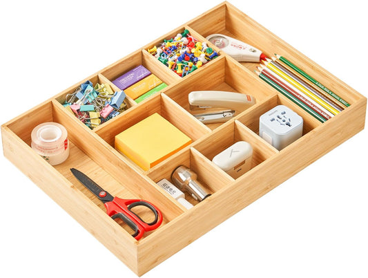 Umilife Extra Large Bamboo Desk Drawer Organizer, Wood Junk Organizer Tray with Adjustable
