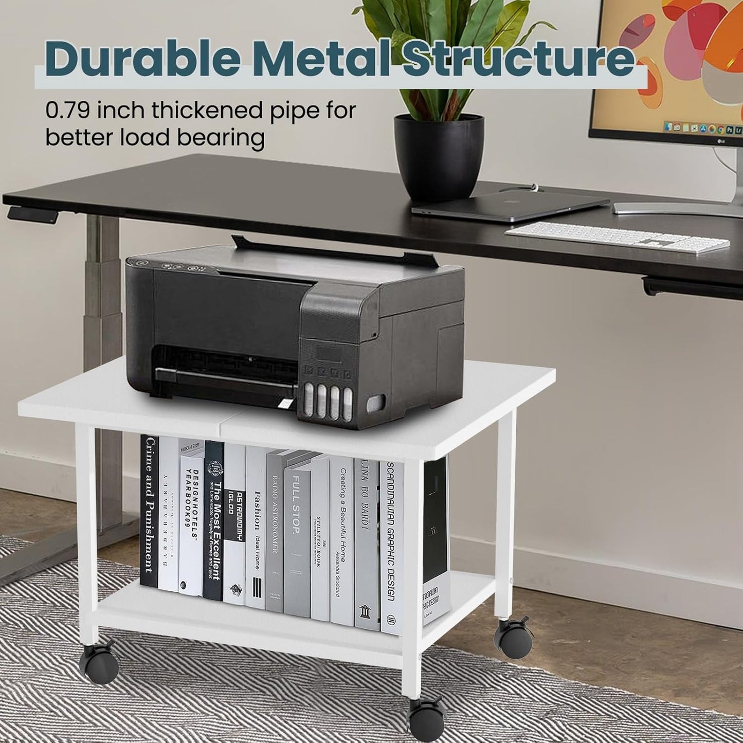 Printer Stand with Storage Under Desk Shelf, Desktop Printer Stand Organizer, Rolling Printer Cart