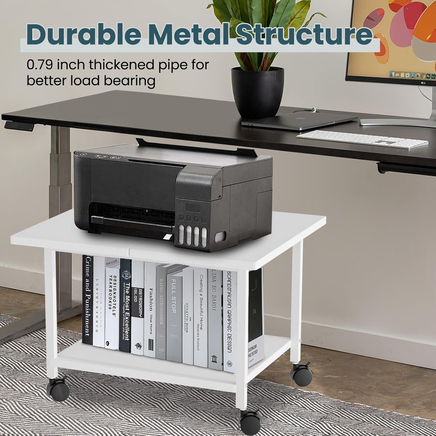 Printer Stand with Storage Under Desk Shelf, Desktop Printer Stand Organizer, Rolling Printer Cart