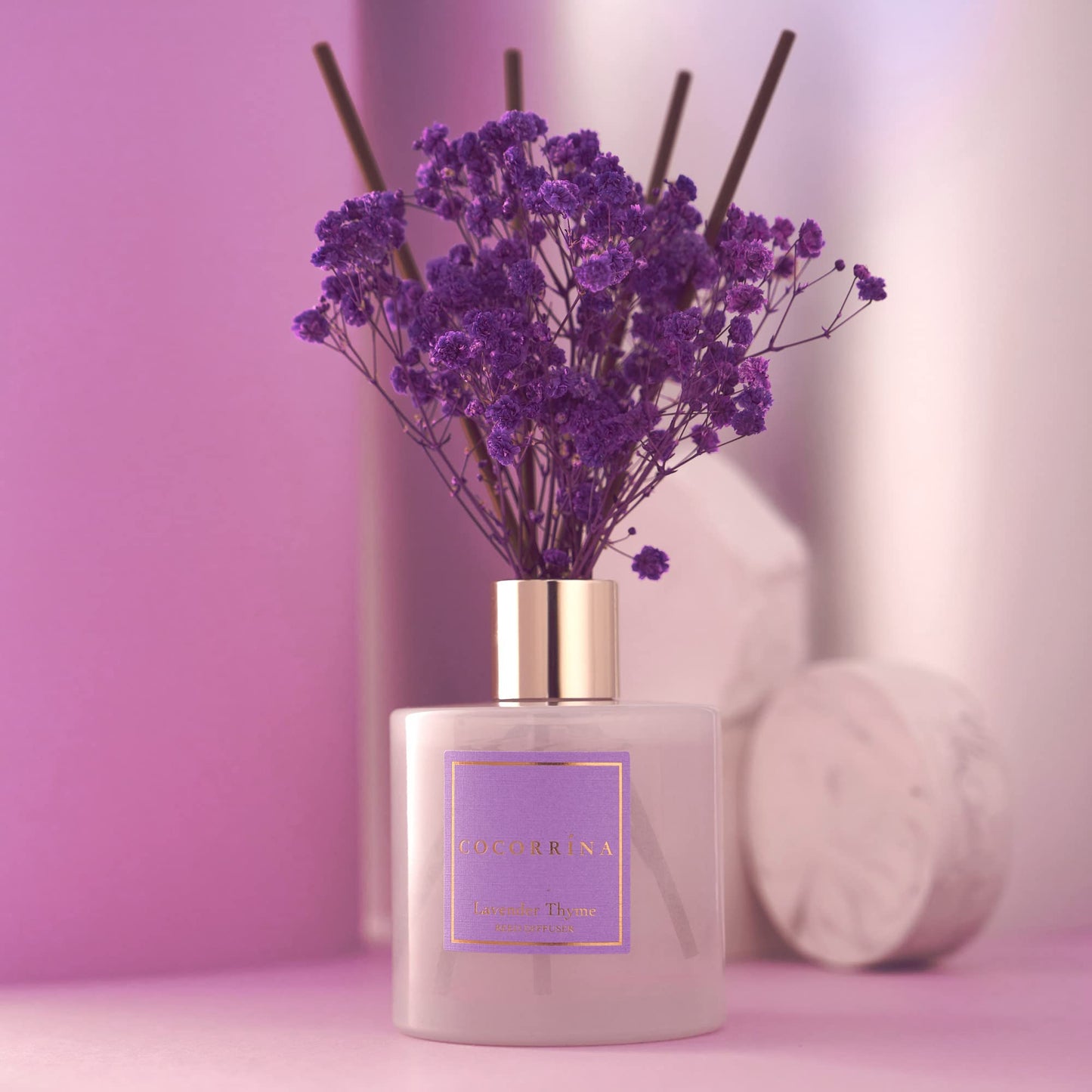 Cocorrína Premium Reed Diffuser Set with Preserved Baby's Breath & Cotton Stick Lavender Thyme |
