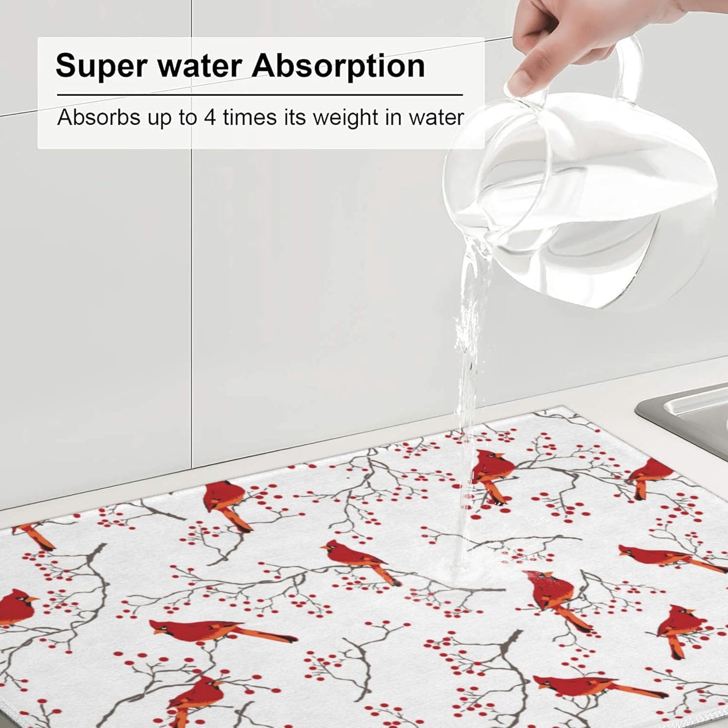 Cardinal Bird Red Berry Decor Microfiber Dish Drying Mat for Kitchen Counter Cute Dishes Pad Dish
