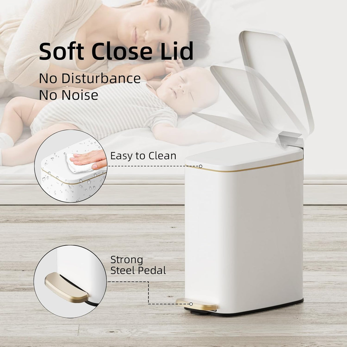 KUK Slim Bathroom Trash Can with Lid, 1.6 Gal / 6L Stainless Steel Small Garbage Bin with