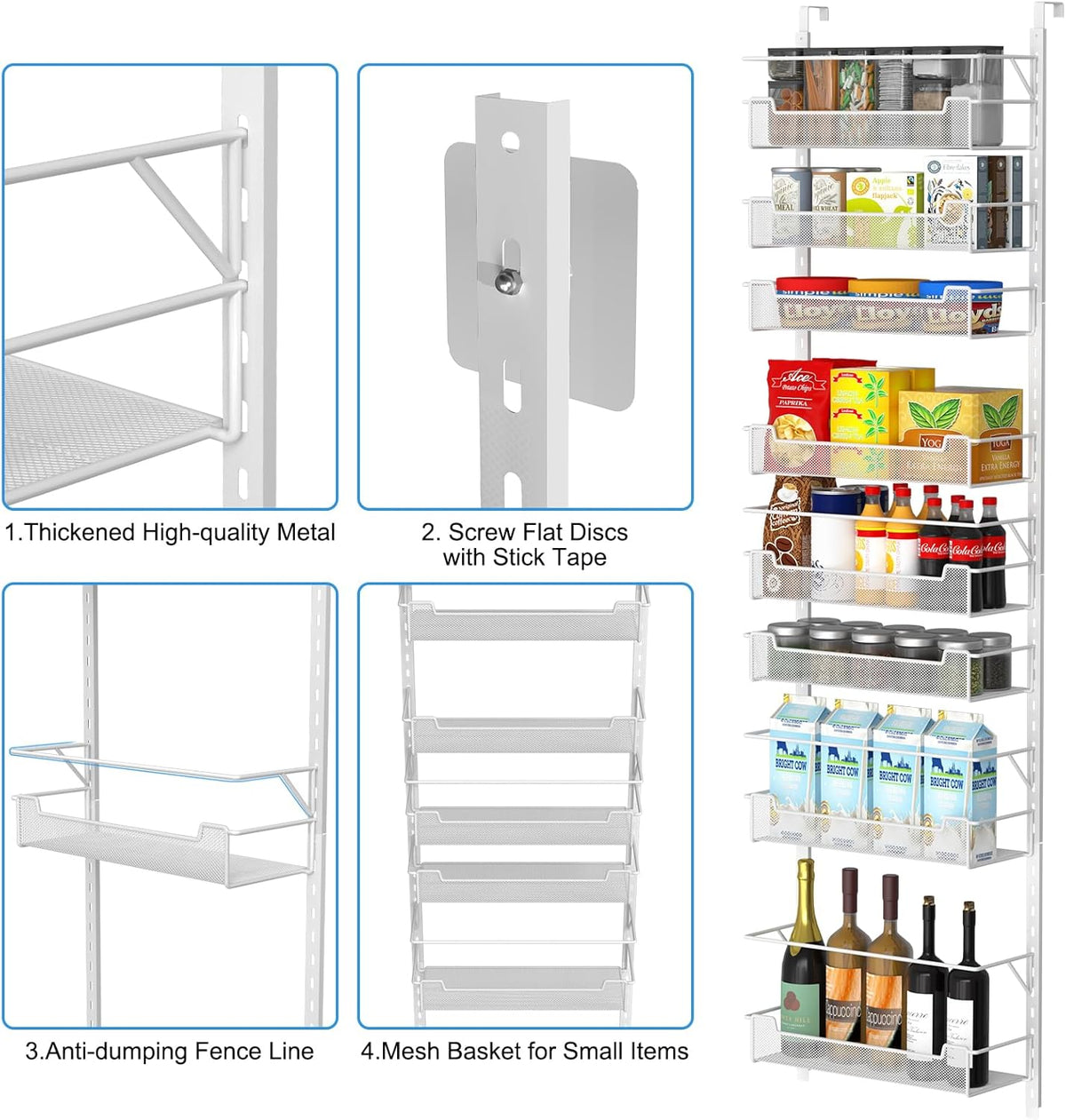 Over the Door Pantry Organizer, 8-Tier Over the Door Organizer with Adjustable Basket, Pantry Door