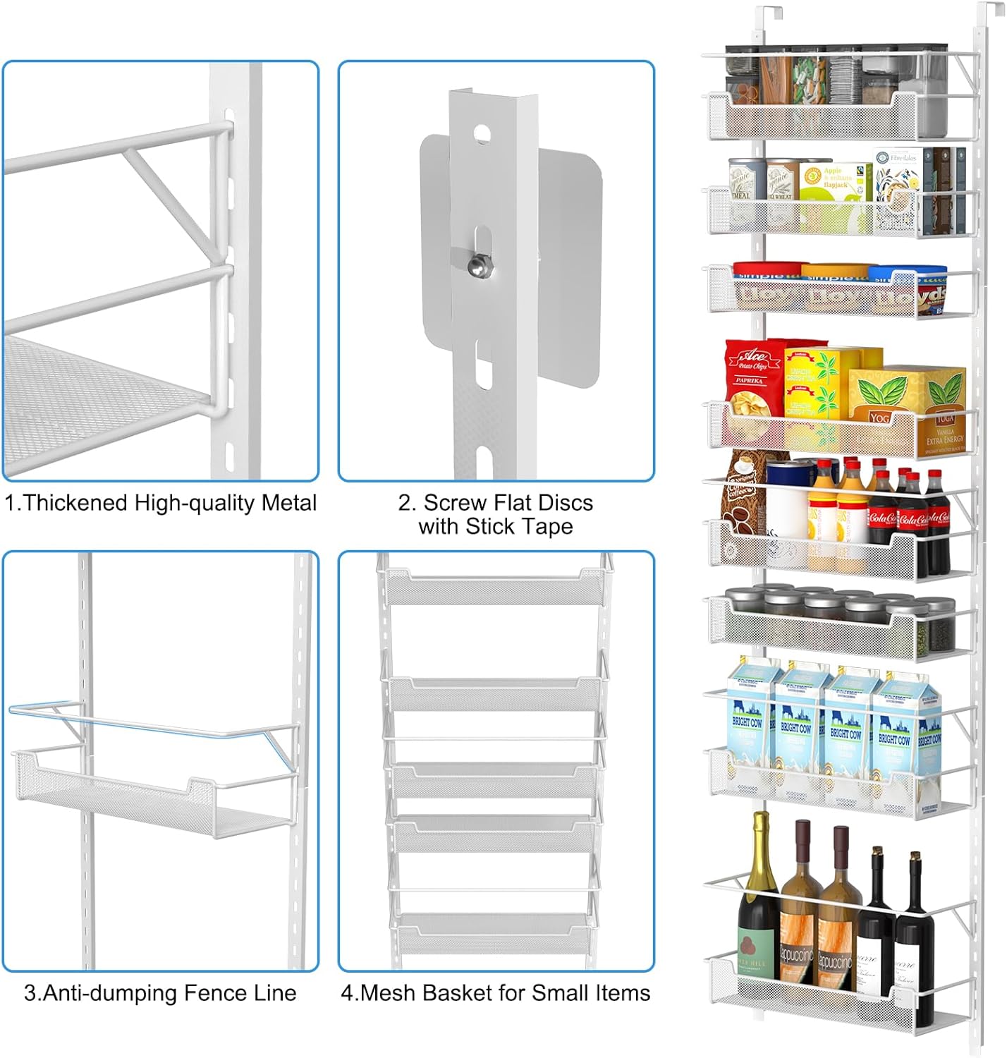 Over the Door Pantry Organizer, 8-Tier Over the Door Organizer with Adjustable Basket, Pantry Door