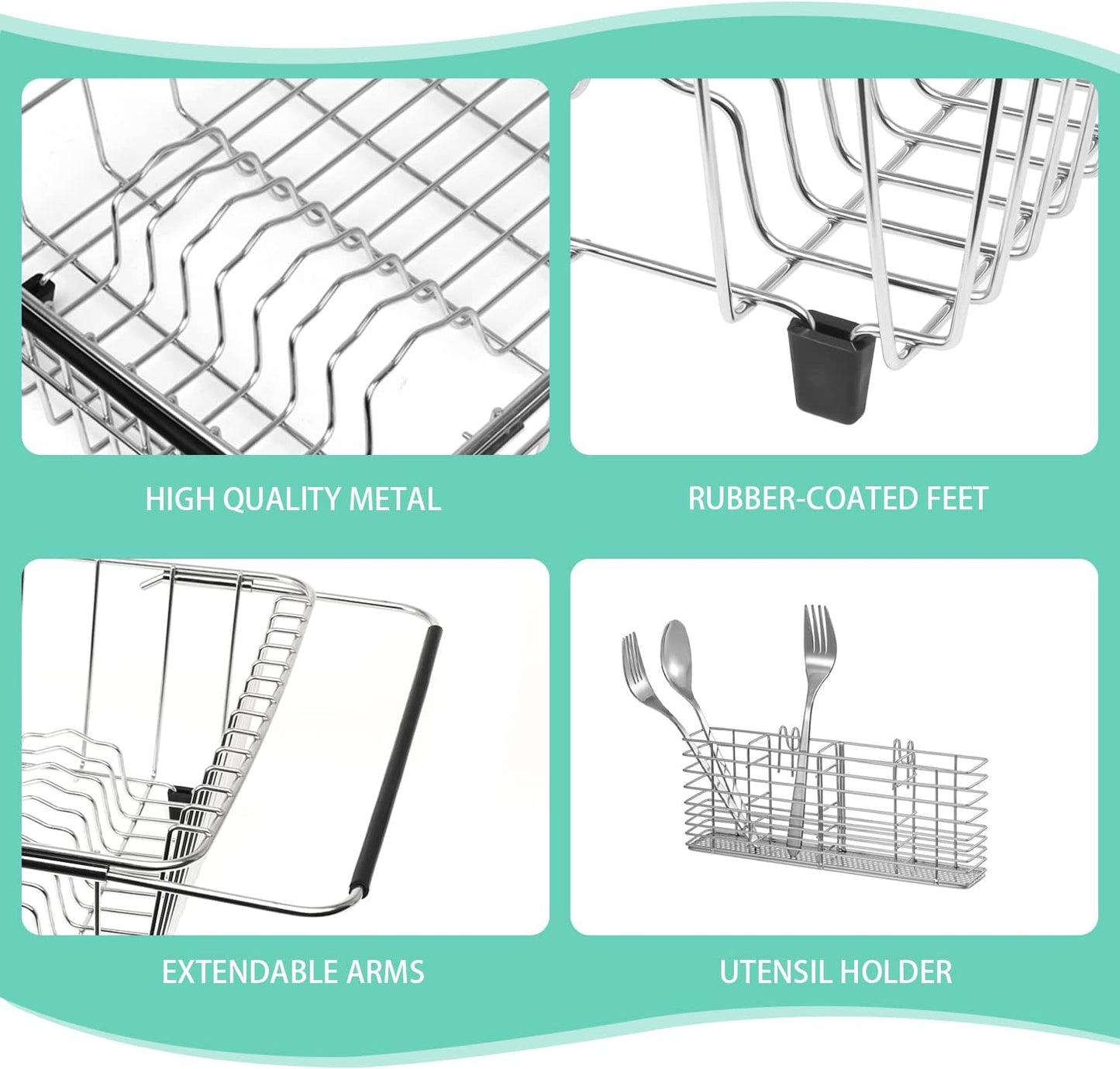Sink Dish Drainer Rack, Expandable 304 Stainless Steel Dish Drying Rack Organizer with Stainless