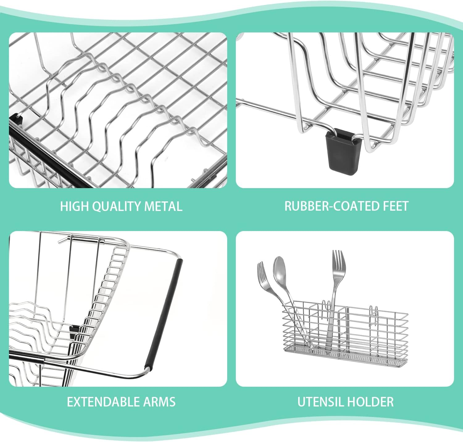 Sink Dish Drainer Rack, Expandable 304 Stainless Steel Dish Drying Rack Organizer with Stainless