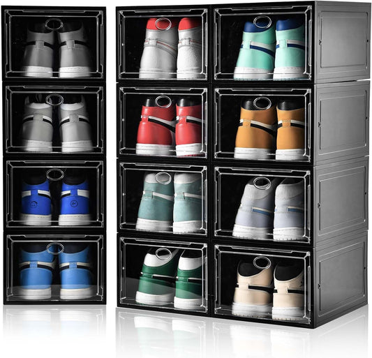 12 Pack Shoe Boxes Stackable,Upgraded Sturdy Shoe Storage Boxes with Clear Magnetic