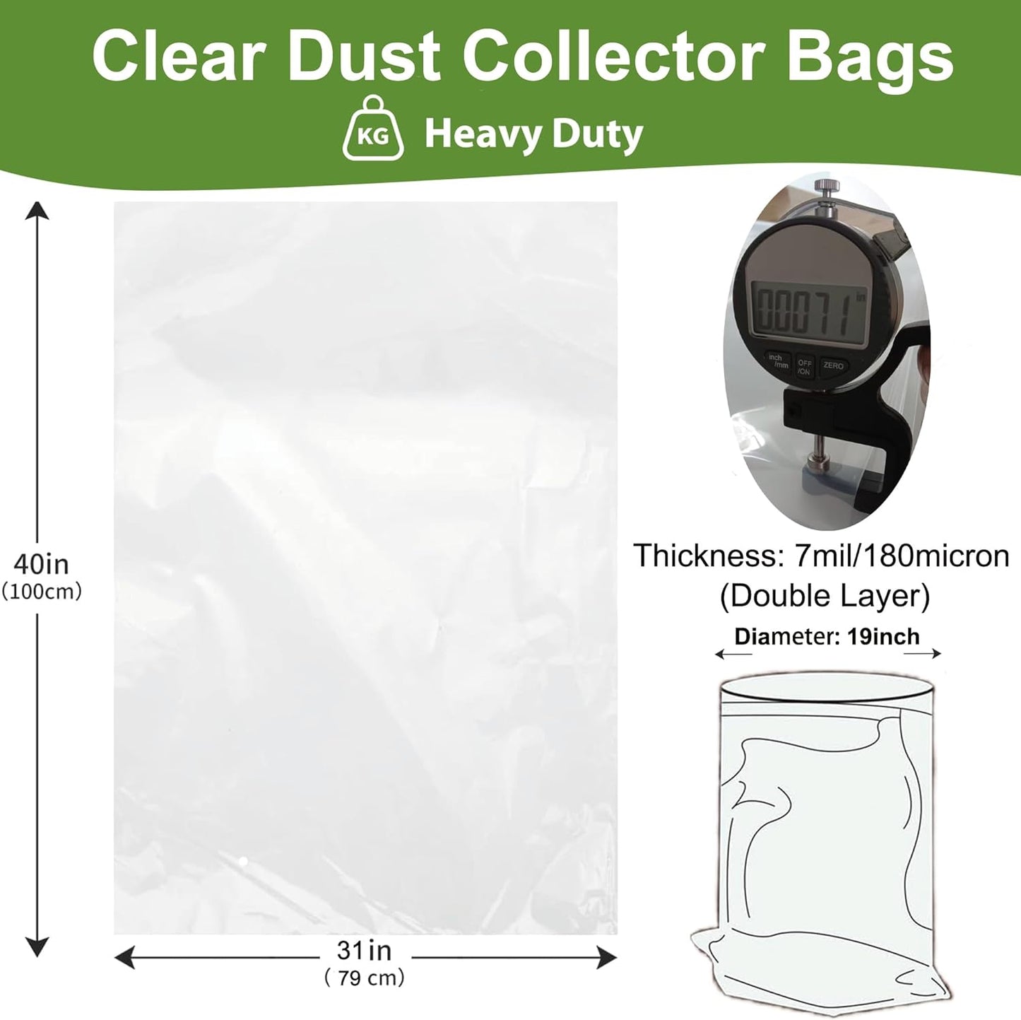 Dust Collector Bags 6pcs two-sided 7mil 19.5" diameter (31" width x 40" length) for Harbor Freight