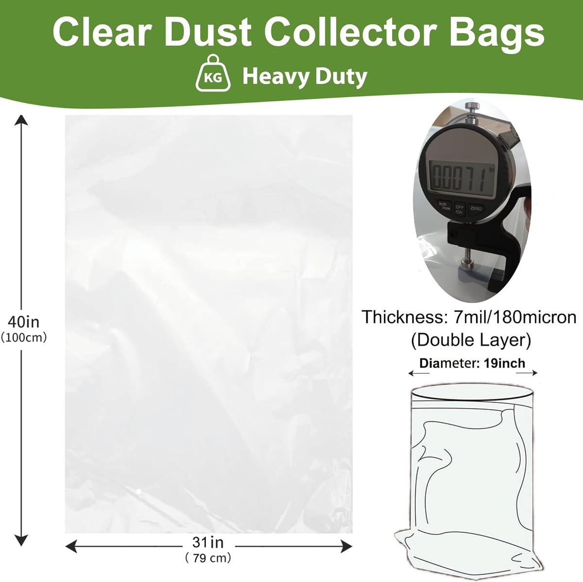 Dust Collector Bags 6pcs two-sided 7mil 19.5" diameter (31" width x 40" length) for Harbor Freight