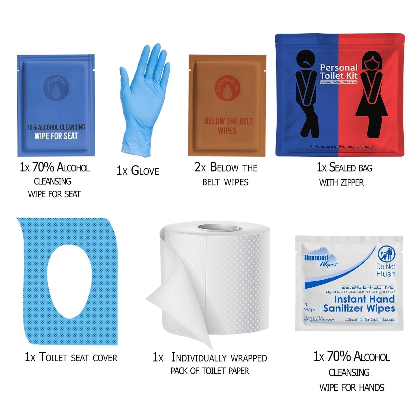 Personal Toilet Kit To Go – 10 Pack | Disposable Public Restroom Kit | Individually Wrapped for