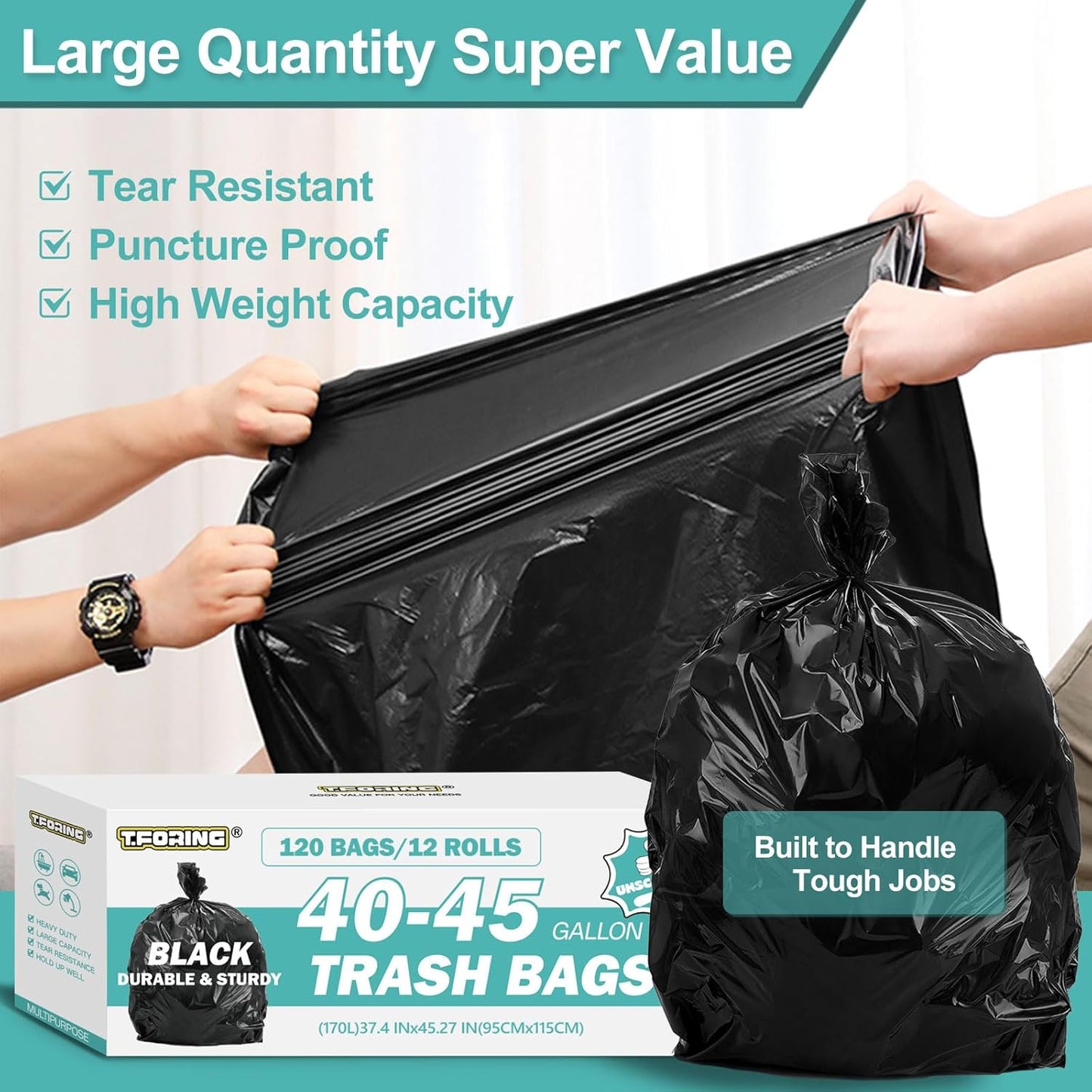 40-45 Gallon Black Trash Bags 120 Count - 37''x45'' Large Garbage Bags Unscented, 40+ Gallon Trash