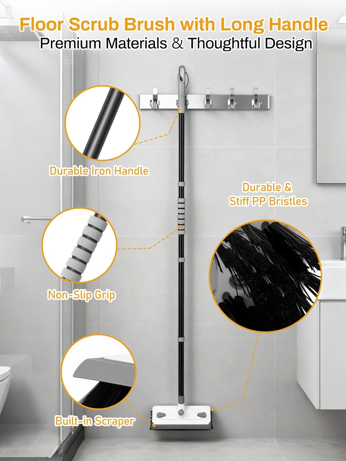 3 in 1 Floor Scrub Brush with Long Handle 55" Push Broom Stiff Bristle Scrubber Brush Squeegee