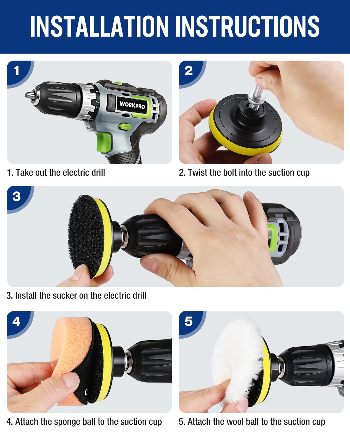 WORKPRO 3 Inch Drill Buffing Pad Kit - 11 Pcs Car Foam Polishing Pads Set, Drill Buffer Polisher