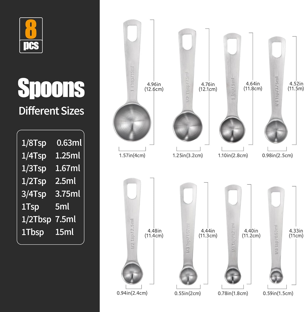 Doosu Measuring Spoons Set of 8-18/8 Stainless Steel Heavy Duty Teaspoons Tablespoons with Engraved
