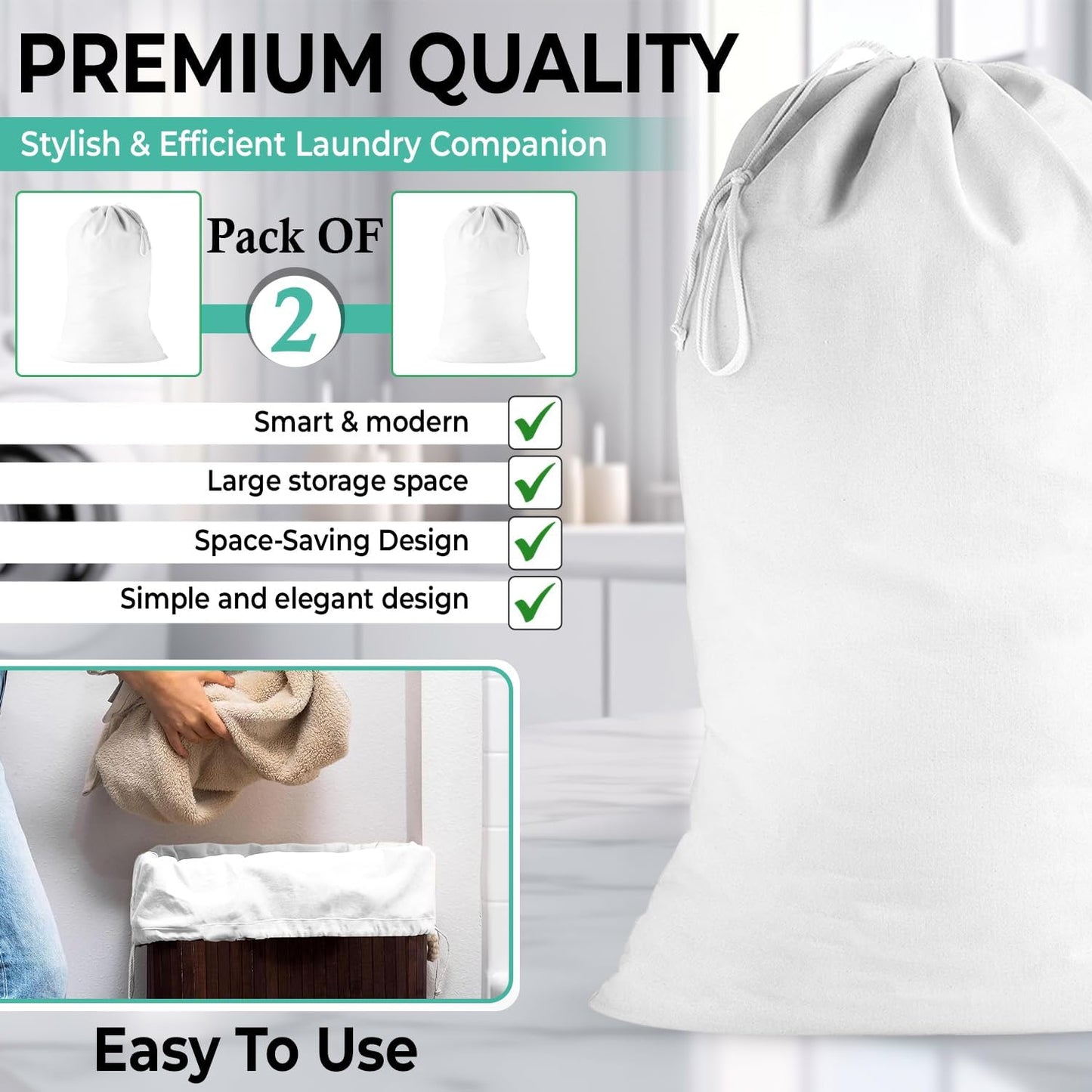 2 Pack - Extra Large Cotton Laundry Bag, Heavy Duty Large Laundry Bags 24 x 36 inch XL Drawstring