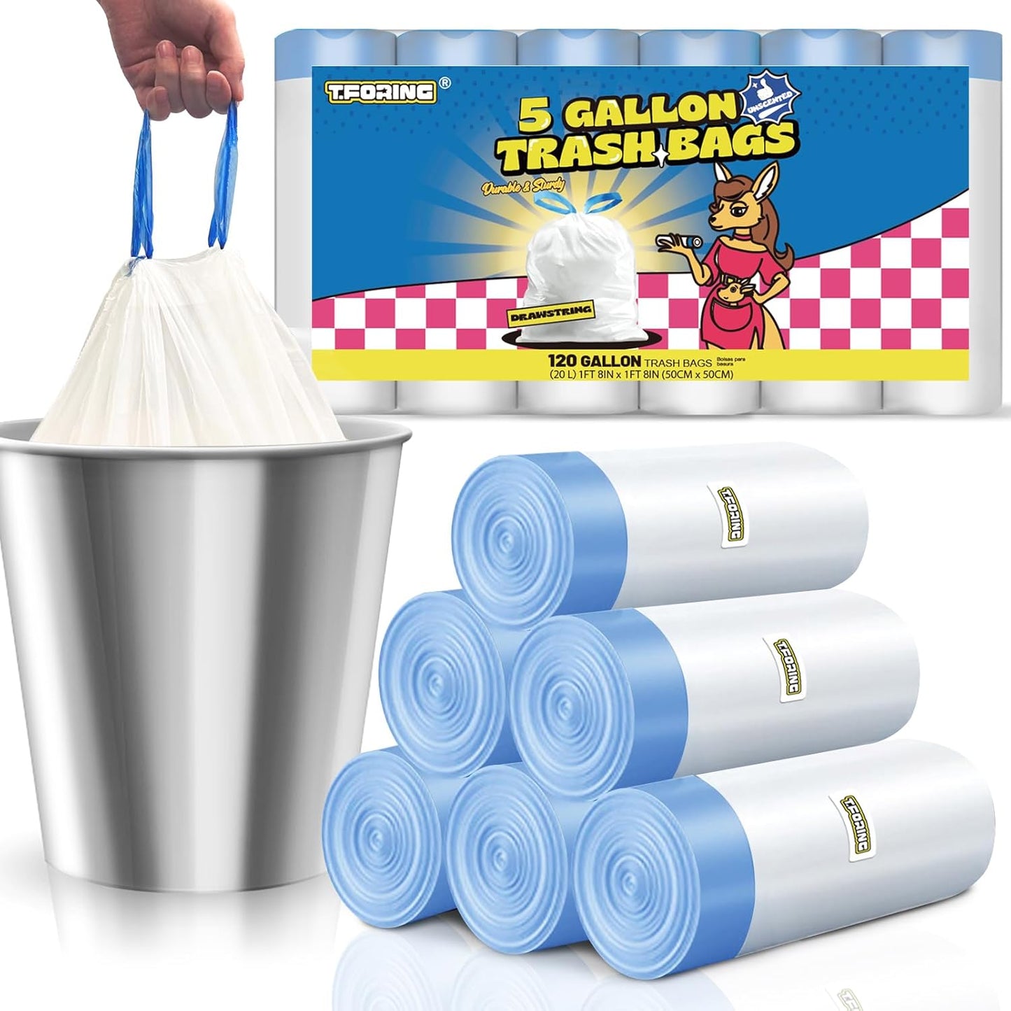 5 Gallon Trash Bags Drawstring 1.1 Mil - 120 Count 18 Liter Small Garbage Bags for Bathroom, Strong