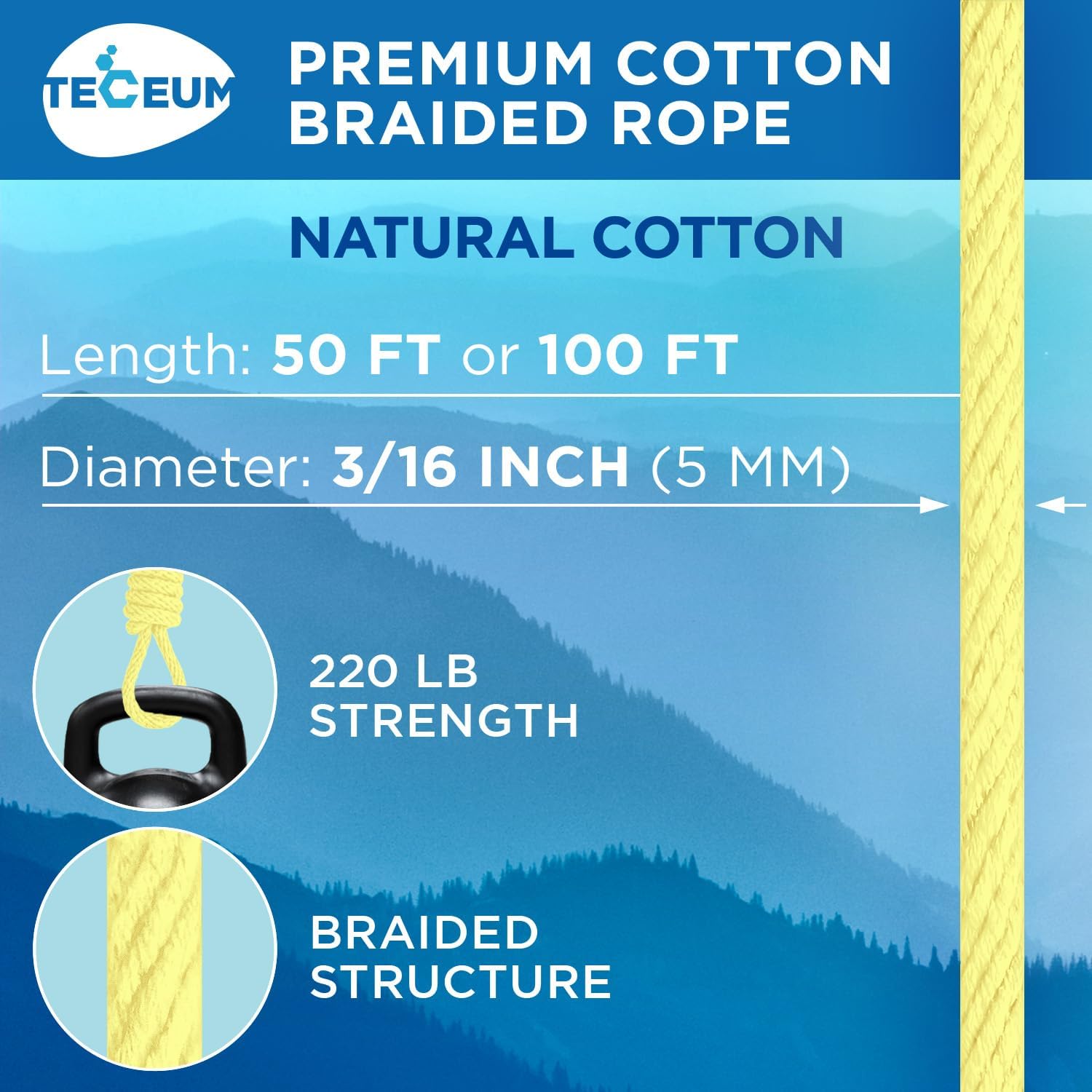 TECEUM Cotton Rope 3/16” (5 mm) – 100 FT – Strong All-Purpose Braided Rope – Natural Cotton – for