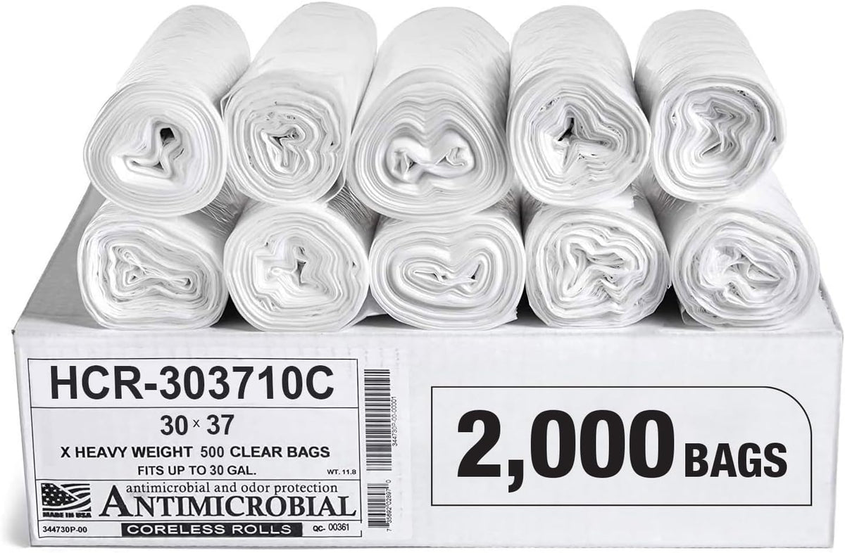 Aluf Plastics High Density Trash Bags, 30 Gallon, 2000 Count, 10 Micron (eq), 30" x 37", Clear, for