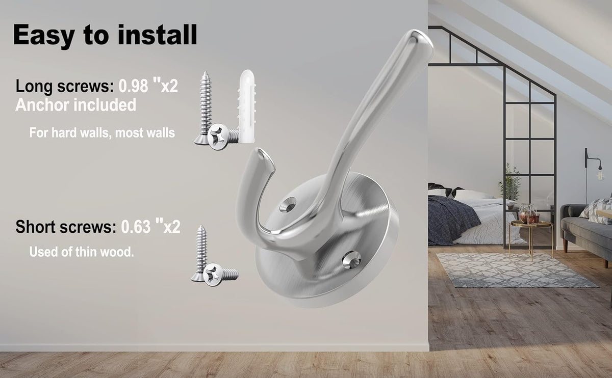 Brushed Nickel Wall Hooks Towel Hooks, 2 Pack Coat Robe Hook Heavy Duty Bathroom Double Hook Wall