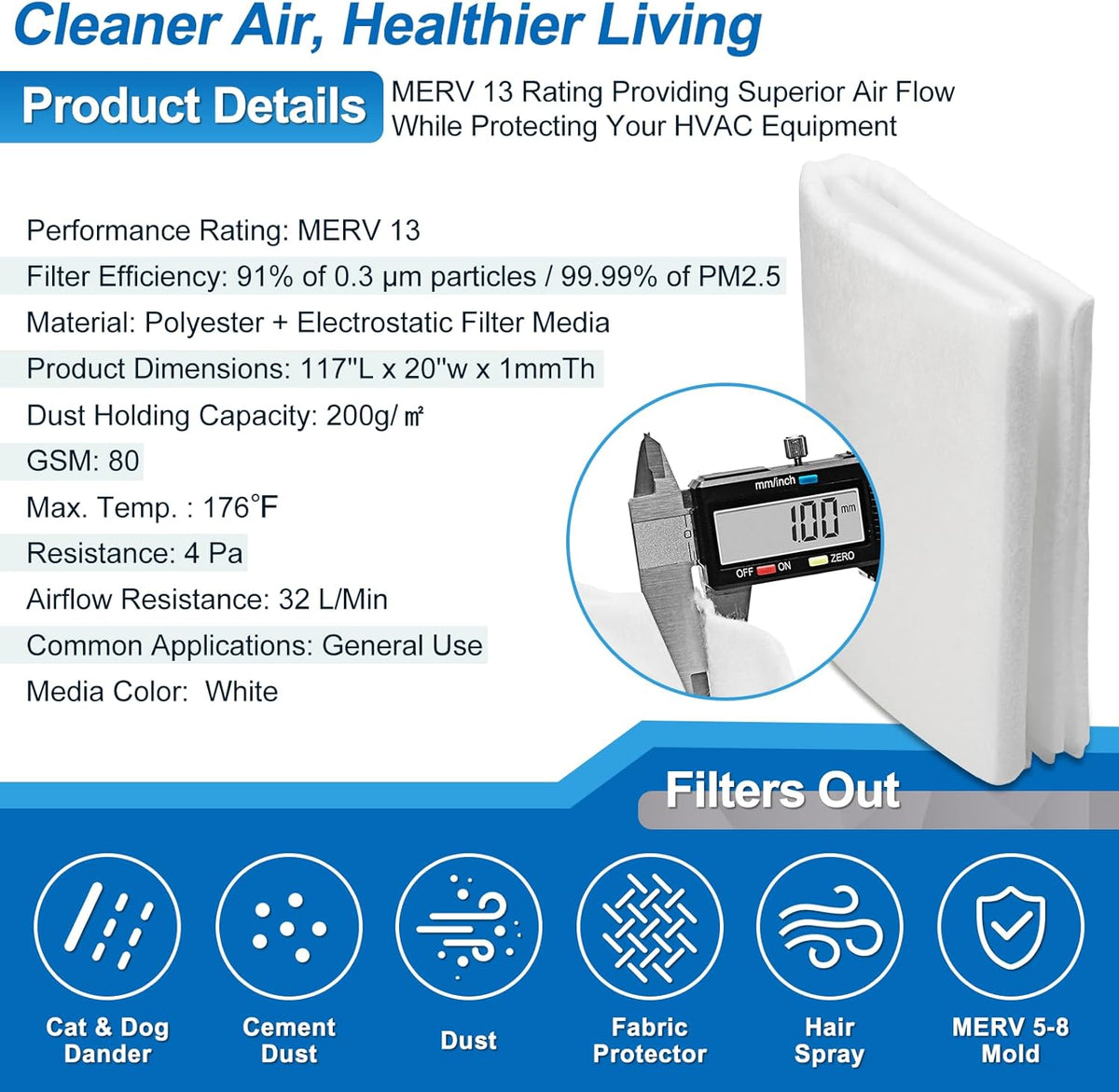 UCINNOVATE 20x117 inch MERV 13 Air Vent Filter Kit, Electrostatic AC Filter Material with 125"