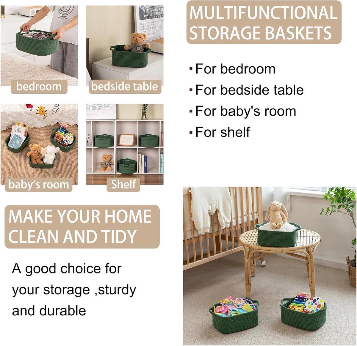 OIAHOMY Cotton Rope Woven Baskets for Storage, Nursery Rectangle Storage Basket with Handles for